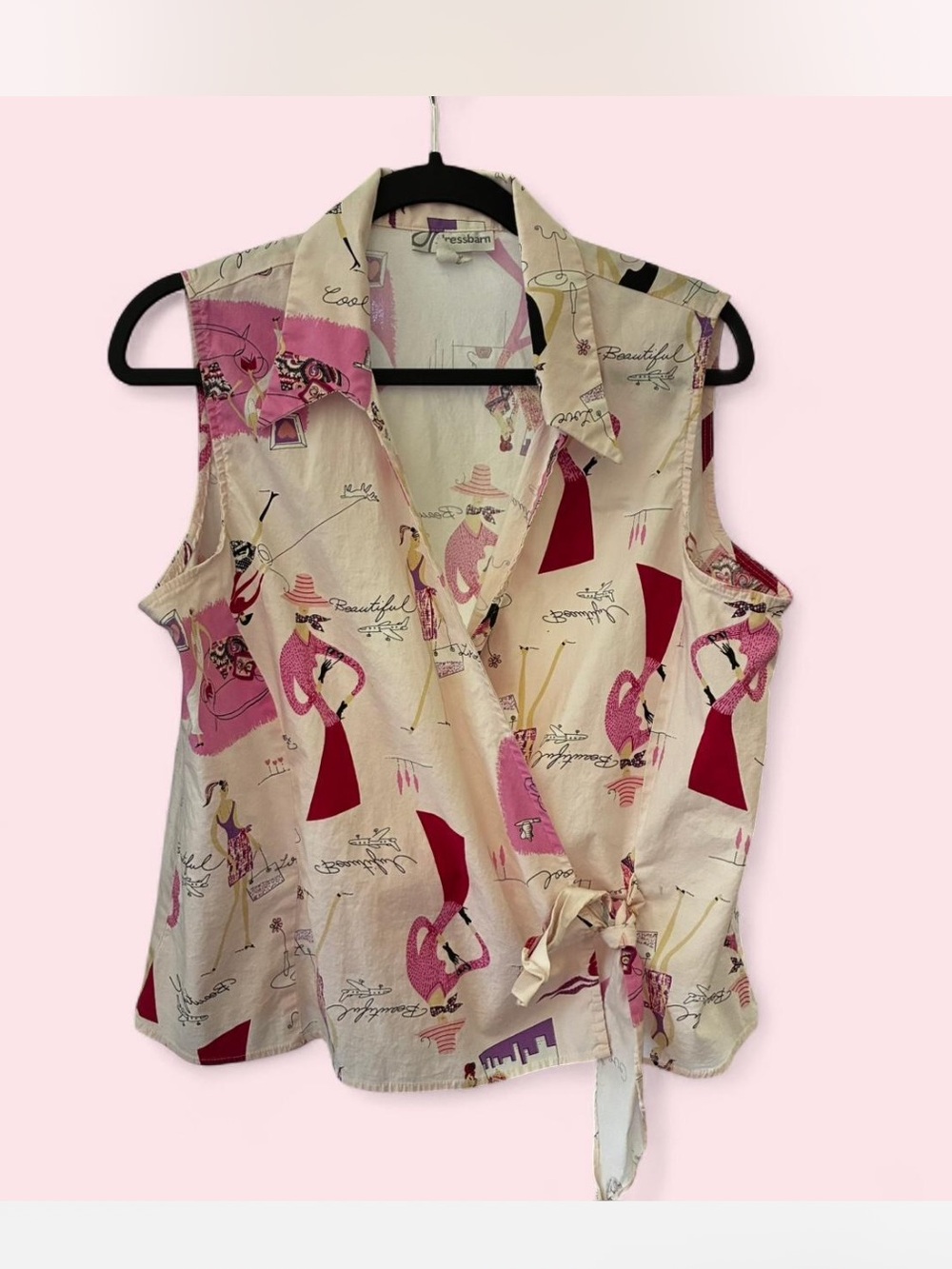 Vintage Y2K dressbarn Pink & Red Sleeveless Tie-Waist Collared Top